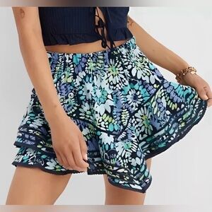 Aerie Rock N' Ruffle Tiered Asymmetric Navy Blue Floral Skort Lace Trim Sz S